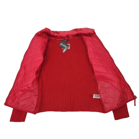 Creazioni Effeci Zip Quilted Sweater Jacket Womens M Red Faux Fur Collar NEW - Picture 7 of 16